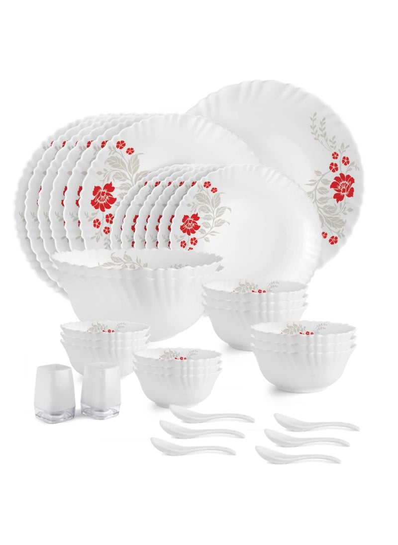 Cello Opalware Dazzle Series Scarlet Bliss Dinner Set, 35 Units | Opal Glass Dinner Set for 6 | Light-Weight, Daily Use Crockery Set for Dining | White Plate and Bowl Set