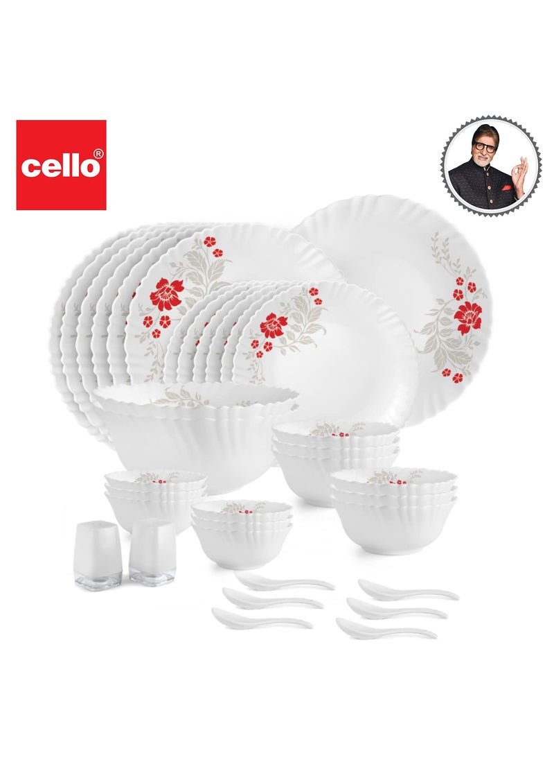 Cello Opalware Dazzle Series Scarlet Bliss Dinner Set, 35 Units | Opal Glass Dinner Set for 6 | Light-Weight, Daily Use Crockery Set for Dining | White Plate and Bowl Set