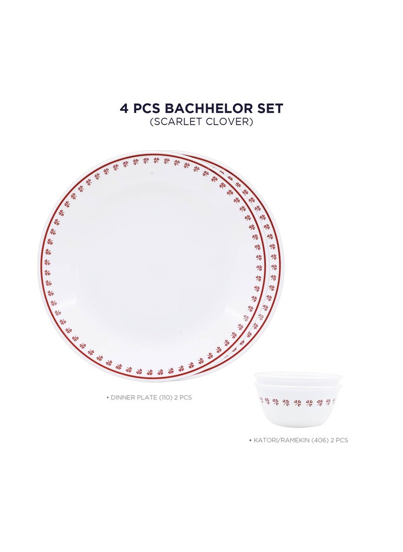 Corelle Scarlet Clover - 4 Pcs Bachelor Set (K) | for Family of 2| Break & Chip Resistant | Lightweight & Durable | Microwave & Dishwasher Safe