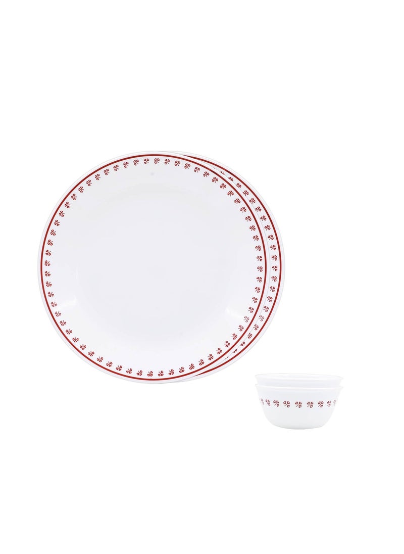 Corelle Scarlet Clover - 4 Pcs Bachelor Set (K) | for Family of 2| Break & Chip Resistant | Lightweight & Durable | Microwave & Dishwasher Safe