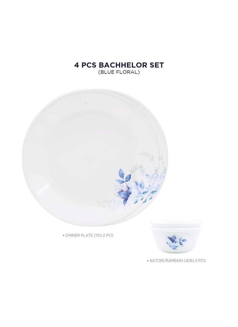 Corelle Blue Floral Bachelor Set (K) - 4 Pcs | for Family of 2| Break & Chip Resistant | Lightweight & Durable | Microwave & Dishwasher Safe