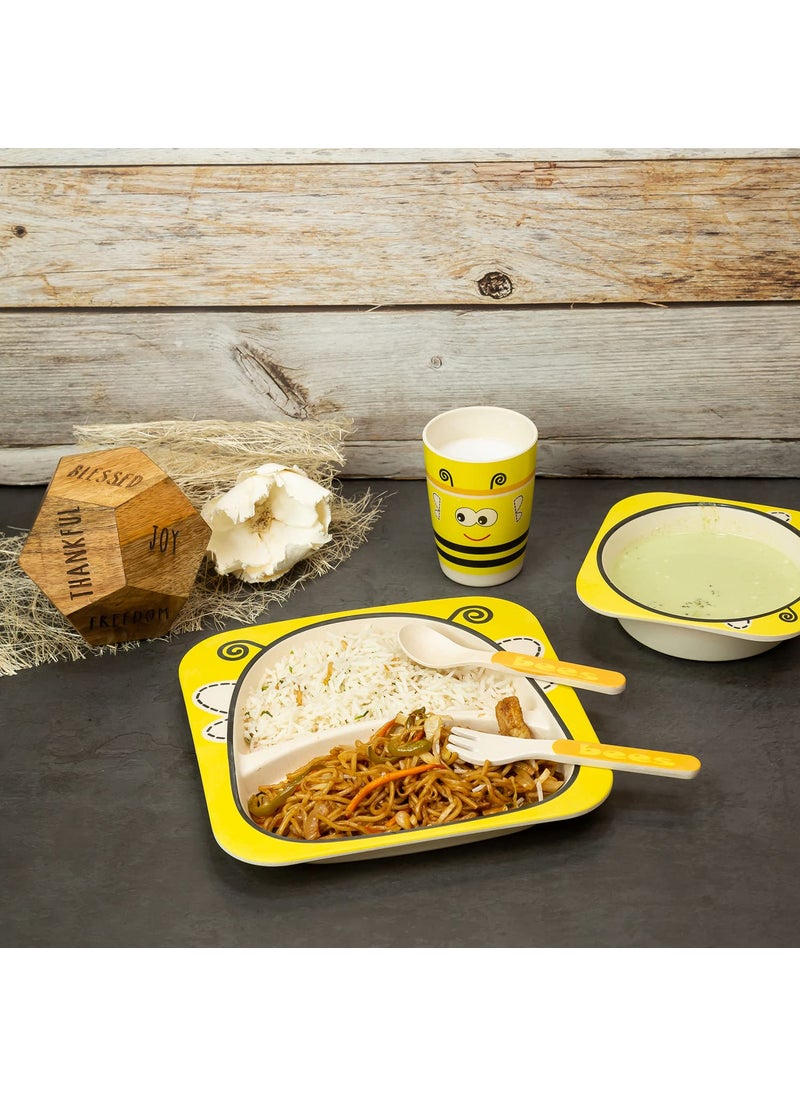 EZ Life 5 Piece Kids Meal Set - Hungry Honeybee - Eco Friendly Bamboo Fibre - Plate -Bowl-Spoon-Fork and Cup-Yellow, Black Crockery Dinner Set, Dinnerware, Home Kitchen, Kids Dinner Plate, Serveware