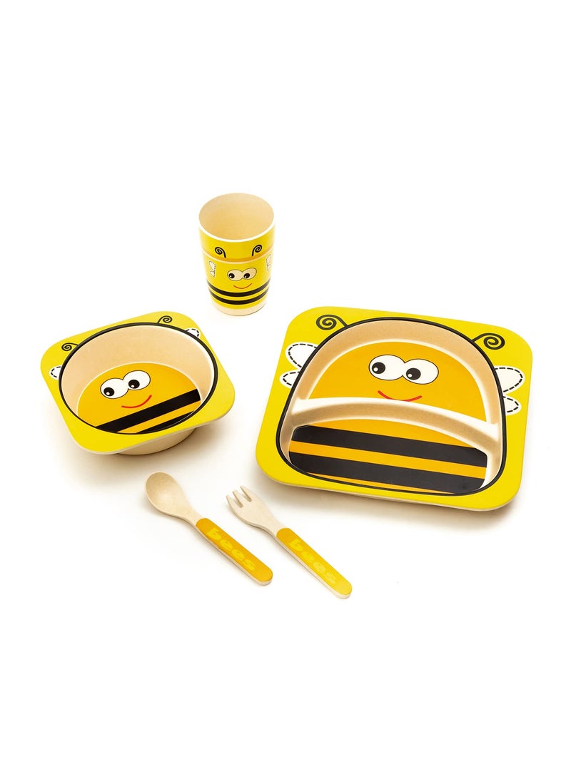 EZ Life 5 Piece Kids Meal Set - Hungry Honeybee - Eco Friendly Bamboo Fibre - Plate -Bowl-Spoon-Fork and Cup-Yellow, Black Crockery Dinner Set, Dinnerware, Home Kitchen, Kids Dinner Plate, Serveware
