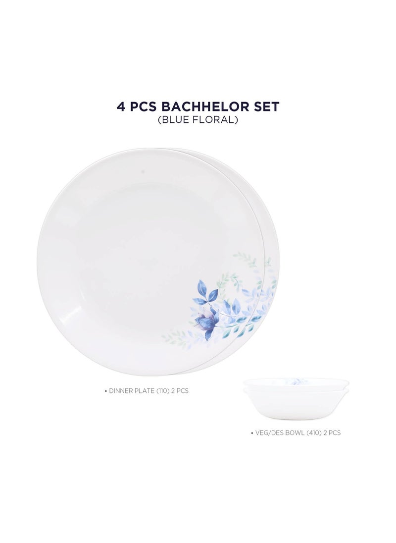 Corelle Blue Floral Bachelor Set (VDB) - 4 Pcs| for Family of 2 |Break & Chip Resistant | Lightweight & Durable | Microwave & Dishwasher Safe