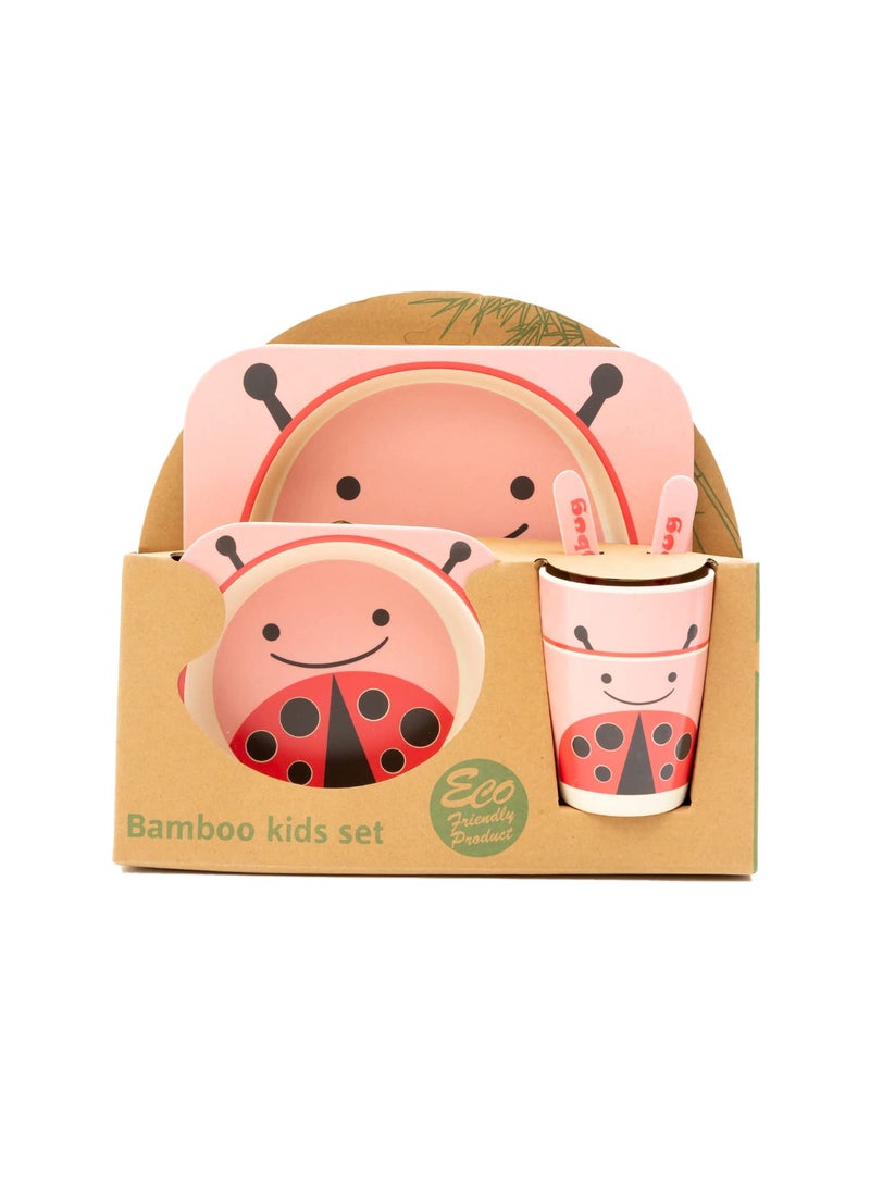 EZ Life 5 Pcs Kids Dining Set - Ladybird - Eco Friendly - Bamboo Fibre - Plate, Bowl, Spoon, Fork & Cup - Pink and Red Crockery Dinner Set, Dinnerware, Home Kitchen, Kids Dinner Plate, Serveware