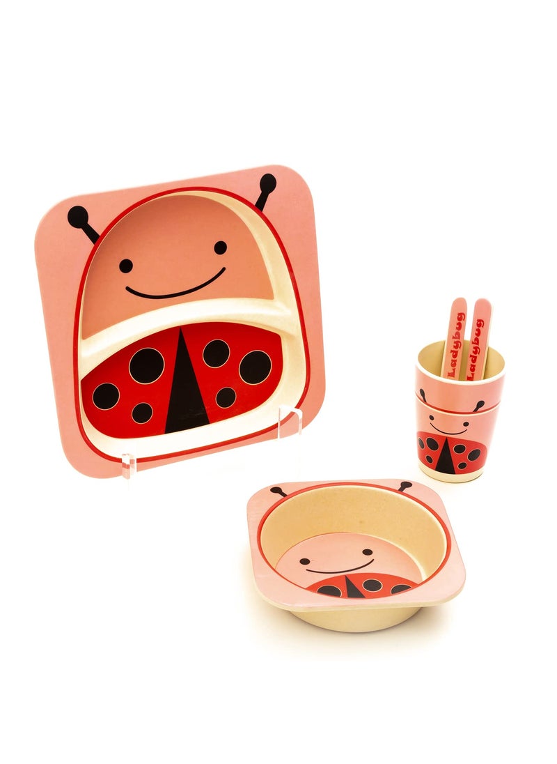 EZ Life 5 Pcs Kids Dining Set - Ladybird - Eco Friendly - Bamboo Fibre - Plate, Bowl, Spoon, Fork & Cup - Pink and Red Crockery Dinner Set, Dinnerware, Home Kitchen, Kids Dinner Plate, Serveware