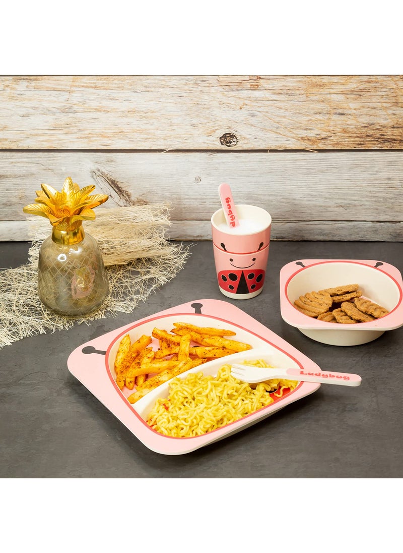 EZ Life 5 Pcs Kids Dining Set - Ladybird - Eco Friendly - Bamboo Fibre - Plate, Bowl, Spoon, Fork & Cup - Pink and Red Crockery Dinner Set, Dinnerware, Home Kitchen, Kids Dinner Plate, Serveware