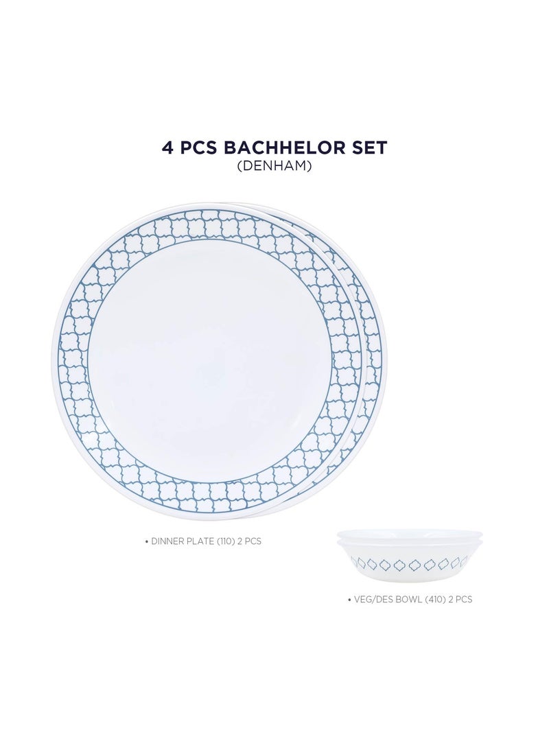 Corelle Denham Bachelor Set (VDB) - 4 Pcs | for Family of 2 |Break & Chip Resistant | Lightweight & Durable | Microwave & Dishwasher Safe