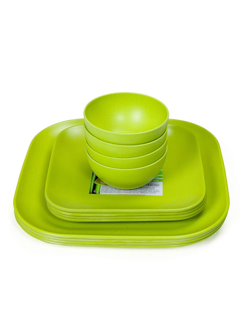 Décor EcoLite Bamboo Dinner Set | Non Toxic Reusable Dinner Set | 12 Piece Eco-Friendly Dinnerware Gift Set - 4 Small Plates, 4 Large Plates & 4 Bowls (Katoris), Green