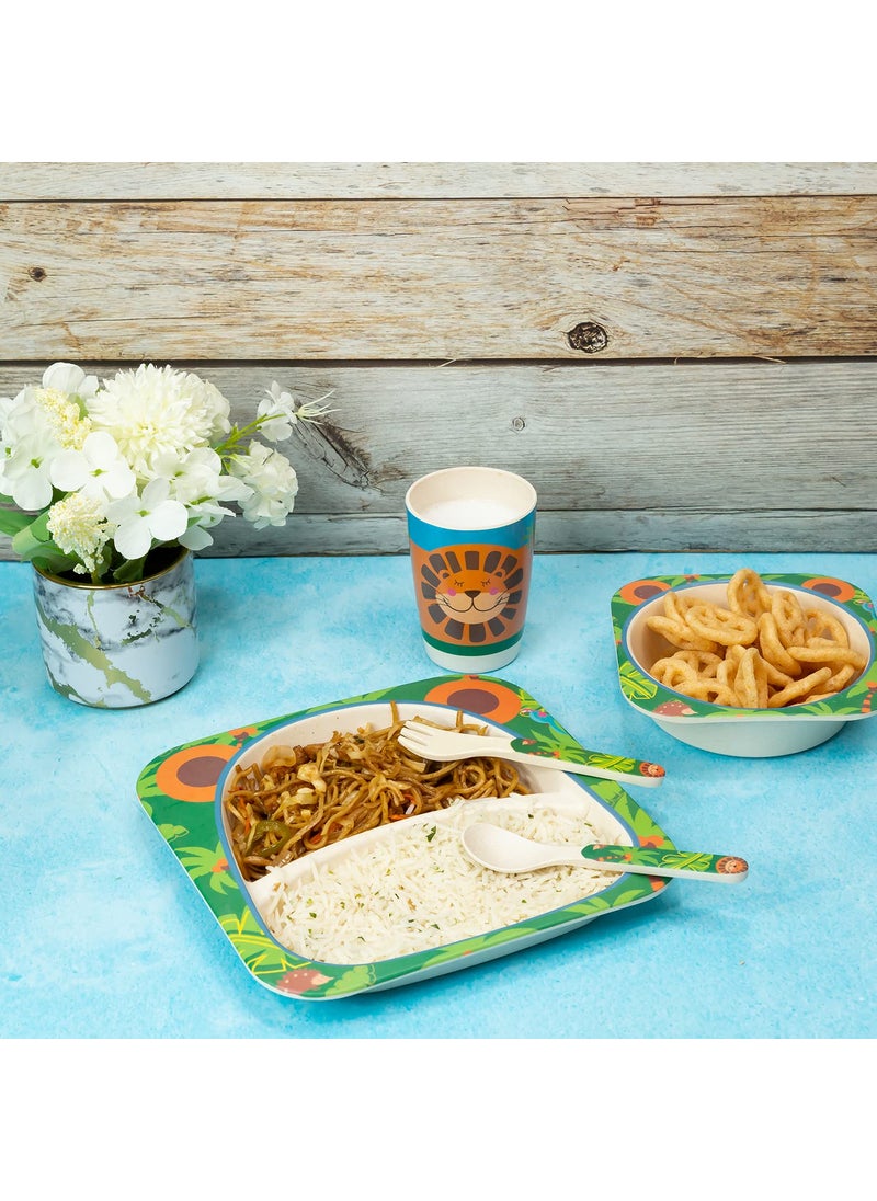 EZ Life 5 Piece Kids Meal Set - Lucky Lion - Eco Friendly Bamboo Fibre - Plate, Bowl, Spoon, Fork and Cup - Multicolour Crockery Dinner Set, Dinnerware, Home Kitchen, Kids Dinner Plate, Serveware