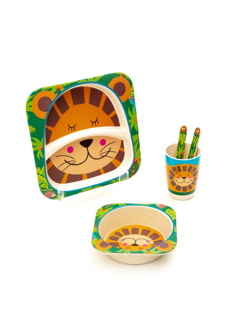 EZ Life 5 Piece Kids Meal Set - Lucky Lion - Eco Friendly Bamboo Fibre - Plate, Bowl, Spoon, Fork and Cup - Multicolour Crockery Dinner Set, Dinnerware, Home Kitchen, Kids Dinner Plate, Serveware
