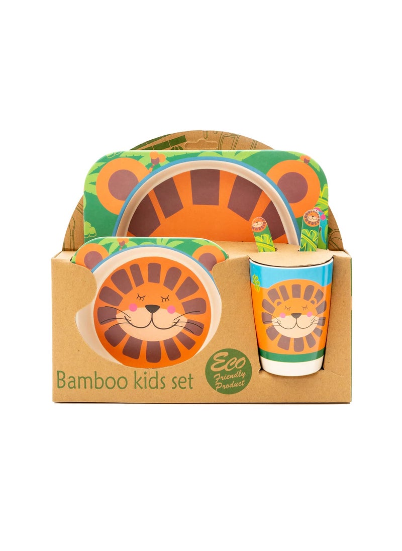 EZ Life 5 Piece Kids Meal Set - Lucky Lion - Eco Friendly Bamboo Fibre - Plate, Bowl, Spoon, Fork and Cup - Multicolour Crockery Dinner Set, Dinnerware, Home Kitchen, Kids Dinner Plate, Serveware