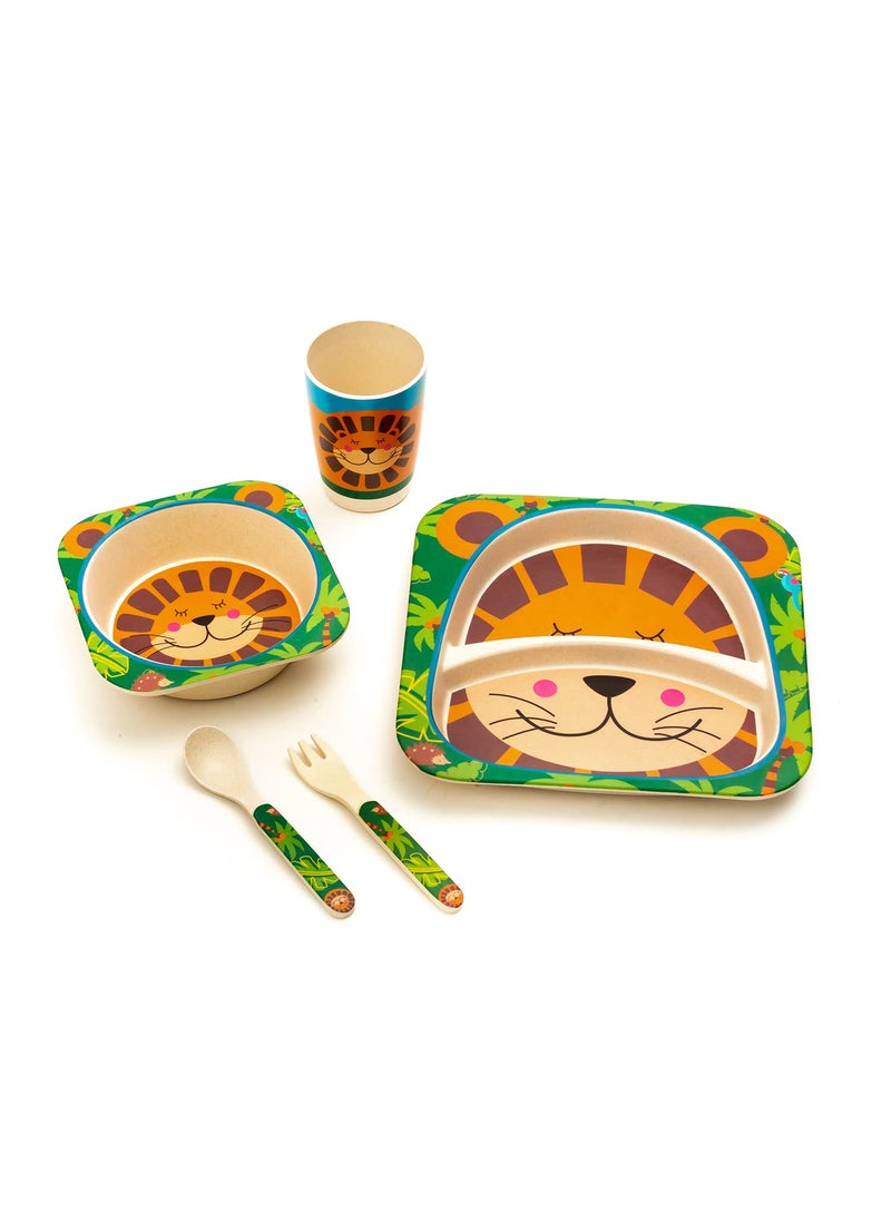 EZ Life 5 Piece Kids Meal Set - Lucky Lion - Eco Friendly Bamboo Fibre - Plate, Bowl, Spoon, Fork and Cup - Multicolour Crockery Dinner Set, Dinnerware, Home Kitchen, Kids Dinner Plate, Serveware
