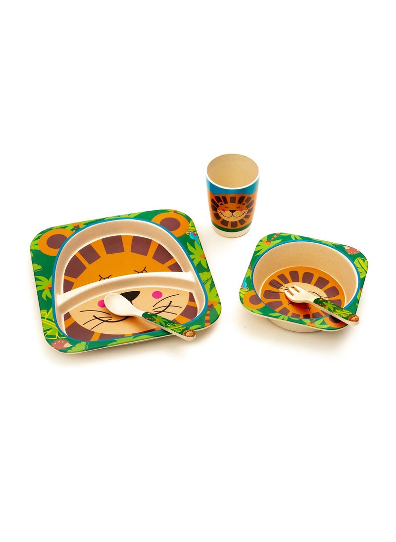 EZ Life 5 Piece Kids Meal Set - Lucky Lion - Eco Friendly Bamboo Fibre - Plate, Bowl, Spoon, Fork and Cup - Multicolour Crockery Dinner Set, Dinnerware, Home Kitchen, Kids Dinner Plate, Serveware
