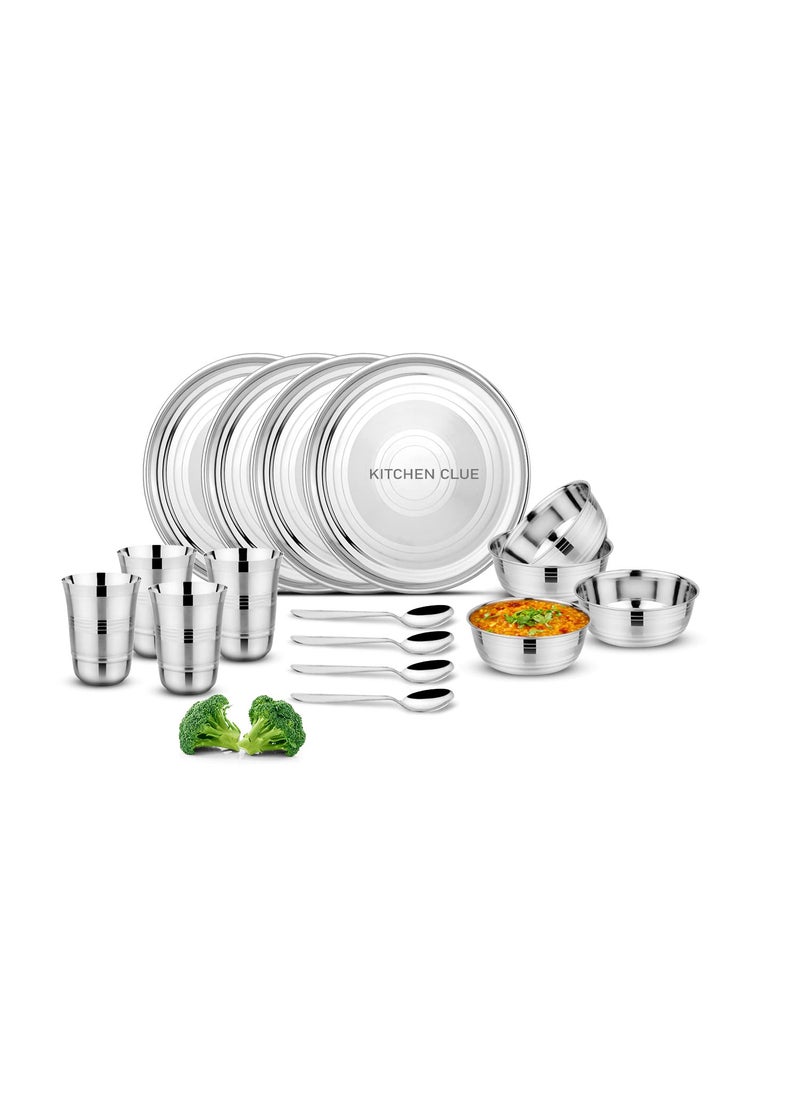 KITCHEN CLUE High Grade Stainless Steel Dinnerware Set of 16 Pieces, Silver