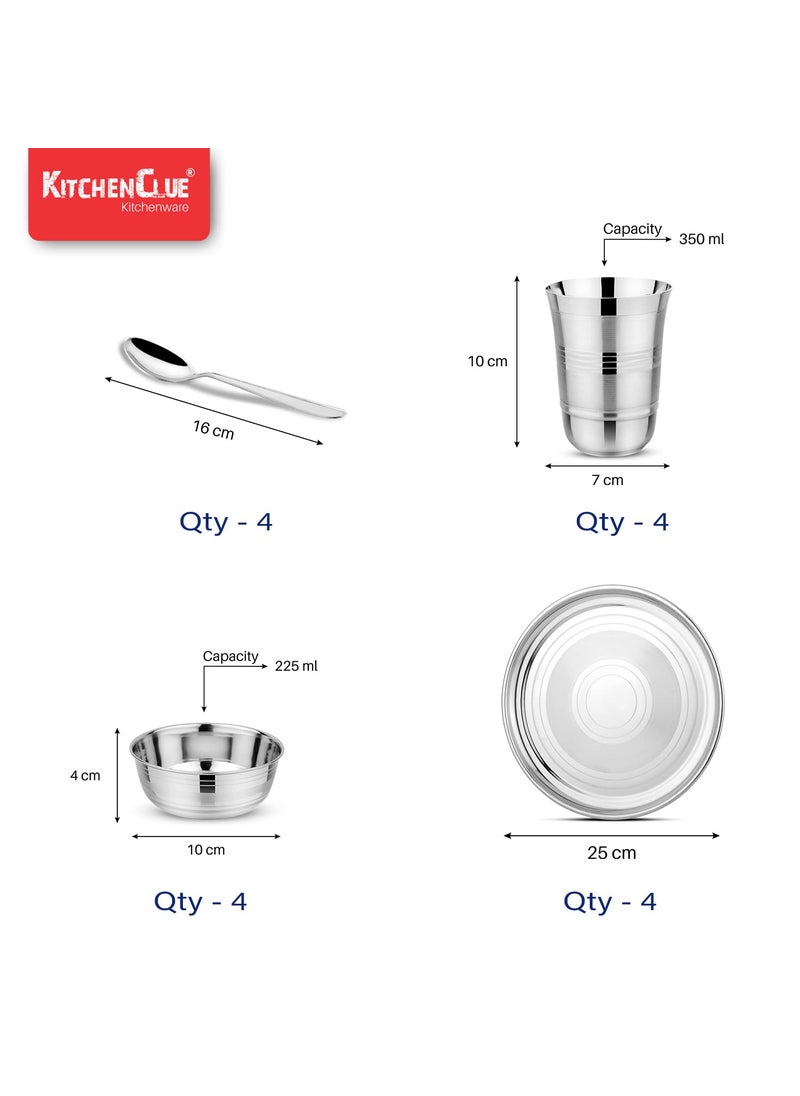 KITCHEN CLUE High Grade Stainless Steel Dinnerware Set of 16 Pieces, Silver