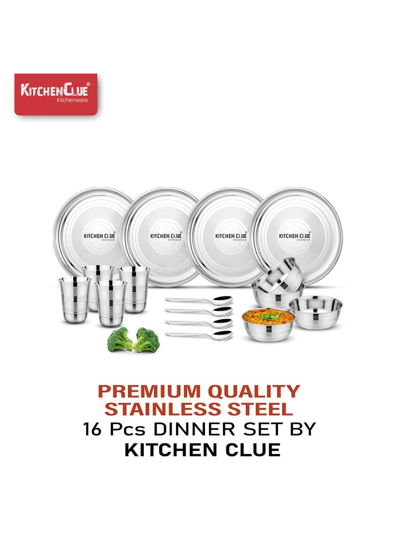 KITCHEN CLUE High Grade Stainless Steel Dinnerware Set of 16 Pieces, Silver