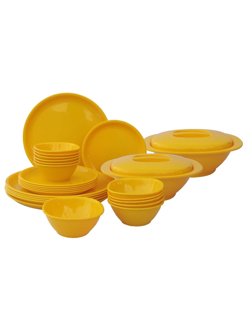 Incrizma Plastic Round Plastic Plate and Bowl Set (Yellow) - Set of 28 Pieces