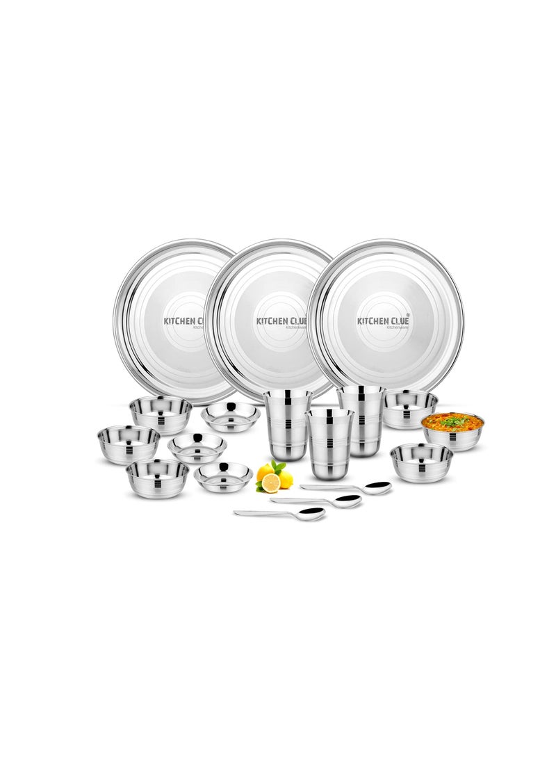 KITCHEN CLUE Smart Stainless Steel Dinner Set - 18 Pieces, Silver - High Grade 202 Steel Thali Set for Kitchen - Highly Durable & Unbreakable - Full Family Pack Dinnerware Set for Home