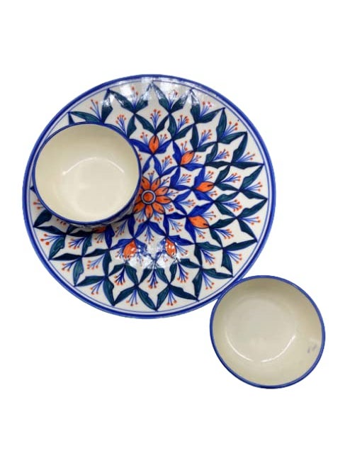 CasaTrunk Contemporary Print Platter Pack' Handpainted Serving Plate with Serving Bowl Dinnerware Set (1 Plate, 2 Bowls, Blue) (3 Pieces, Serving for 1, Dishwasher & Microwave Safe)