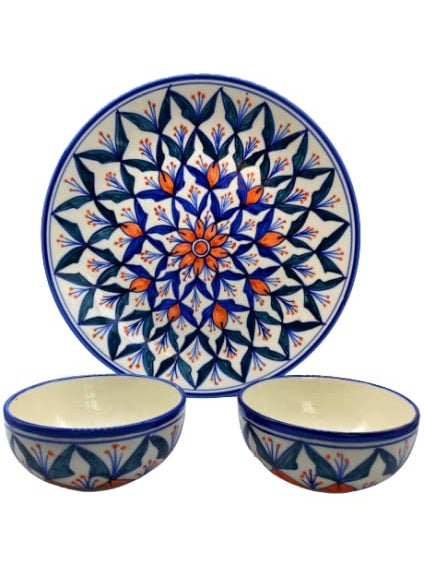 CasaTrunk Contemporary Print Platter Pack' Handpainted Serving Plate with Serving Bowl Dinnerware Set (1 Plate, 2 Bowls, Blue) (3 Pieces, Serving for 1, Dishwasher & Microwave Safe)