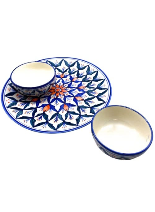 CasaTrunk Contemporary Print Platter Pack' Handpainted Serving Plate with Serving Bowl Dinnerware Set (1 Plate, 2 Bowls, Blue) (3 Pieces, Serving for 1, Dishwasher & Microwave Safe)
