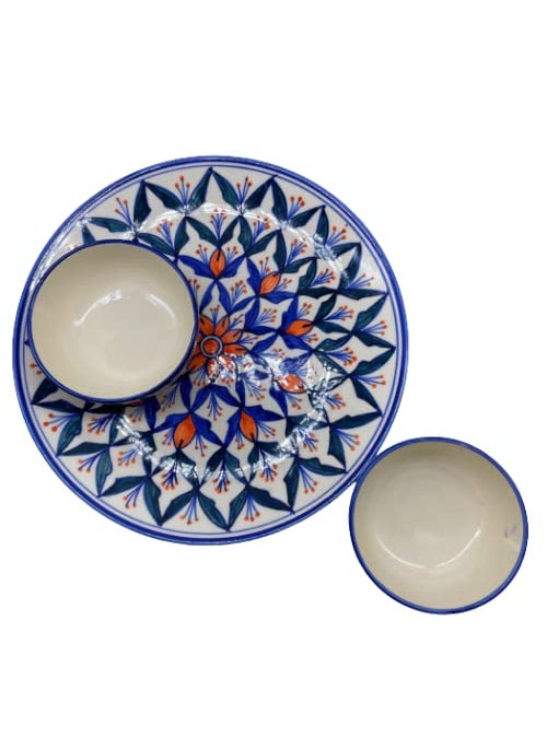 CasaTrunk Contemporary Print Platter Pack' Handpainted Serving Plate with Serving Bowl Dinnerware Set (1 Plate, 2 Bowls, Blue) (3 Pieces, Serving for 1, Dishwasher & Microwave Safe)