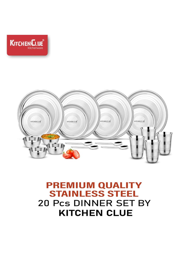 KITCHEN CLUE Stainless Steel Dinner Set- 20 Pieces, Silver - Heavy Guage Steel Kitchen Set for Home - Highly Durable & Unbreakable - Stee Grade 202 Quality Dinnerware Kitchen Set