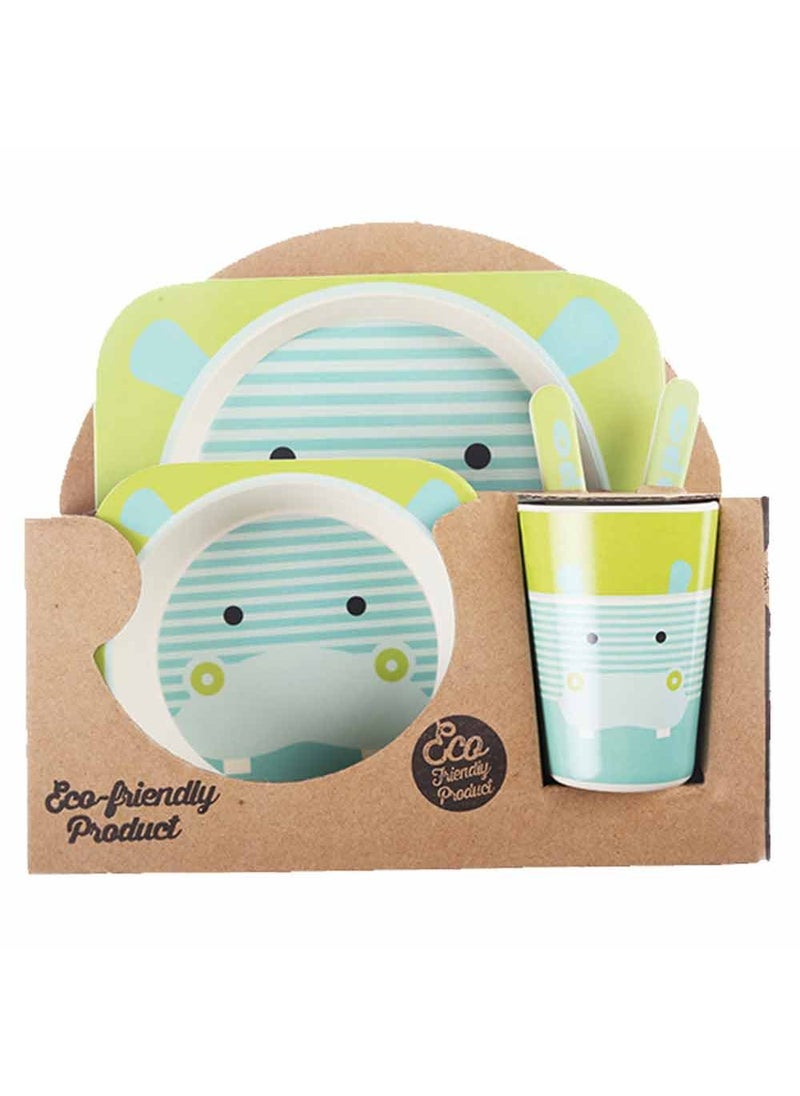 EZ Life 5 Pcs Kids Dining Set - Green Hippo - Eco Friendly - Bamboo Fibre - Plate, Bowl, Spoon, Fork & Cup - Multicolor Crockery Dinner Set, Dinnerware, Home Kitchen, Kids Dinner Plate, Serveware