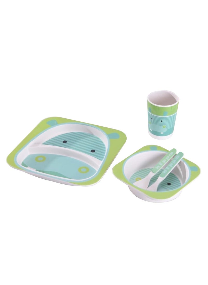 EZ Life 5 Pcs Kids Dining Set - Green Hippo - Eco Friendly - Bamboo Fibre - Plate, Bowl, Spoon, Fork & Cup - Multicolor Crockery Dinner Set, Dinnerware, Home Kitchen, Kids Dinner Plate, Serveware