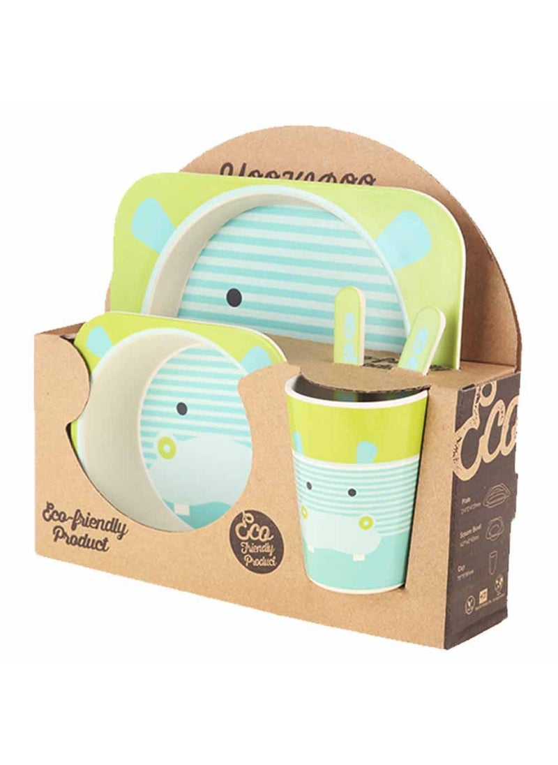 EZ Life 5 Pcs Kids Dining Set - Green Hippo - Eco Friendly - Bamboo Fibre - Plate, Bowl, Spoon, Fork & Cup - Multicolor Crockery Dinner Set, Dinnerware, Home Kitchen, Kids Dinner Plate, Serveware