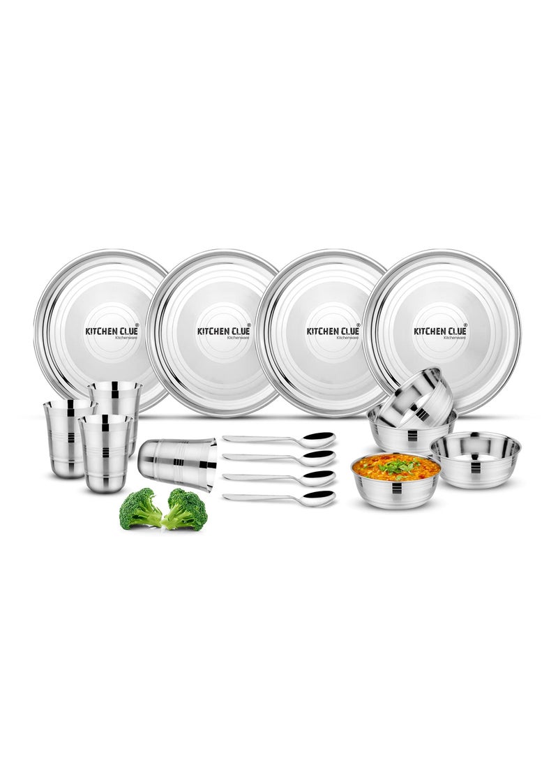 KITCHEN CLUE Heavy Guage Stainless Steel Dinner Set - 16 Pieces, Silver