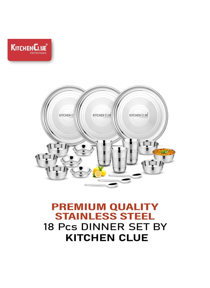KITCHEN CLUE Stainless Steel Dinner Set - 18 Pieces, Silver - Heavy Guage 202 Grade Steel Kitchen Set for Home - Durable & Unbreakable
