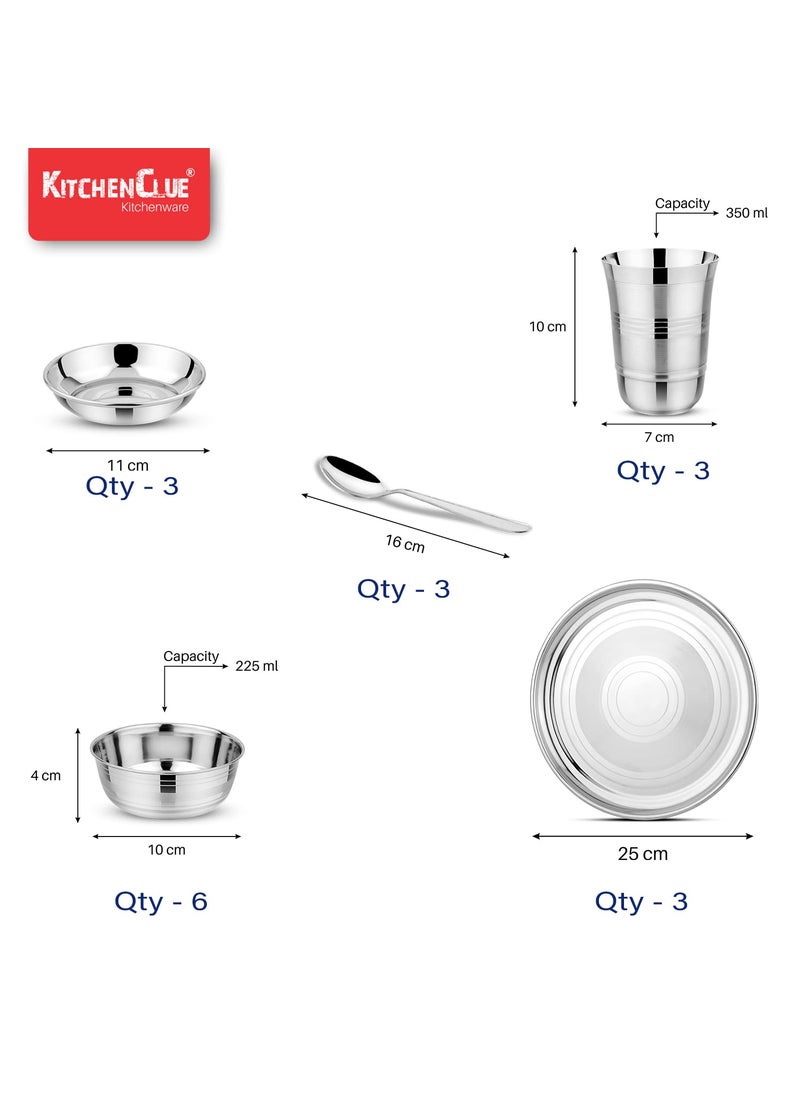 KITCHEN CLUE Stainless Steel Dinner Set - 18 Pieces, Silver - Heavy Guage 202 Grade Steel Kitchen Set for Home - Durable & Unbreakable