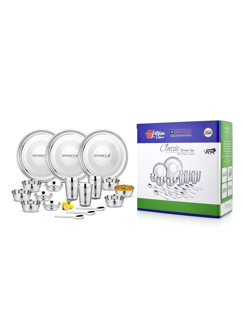KITCHEN CLUE Stainless Steel Dinner Set - 18 Pieces, Silver - Heavy Guage 202 Grade Steel Kitchen Set for Home - Durable & Unbreakable