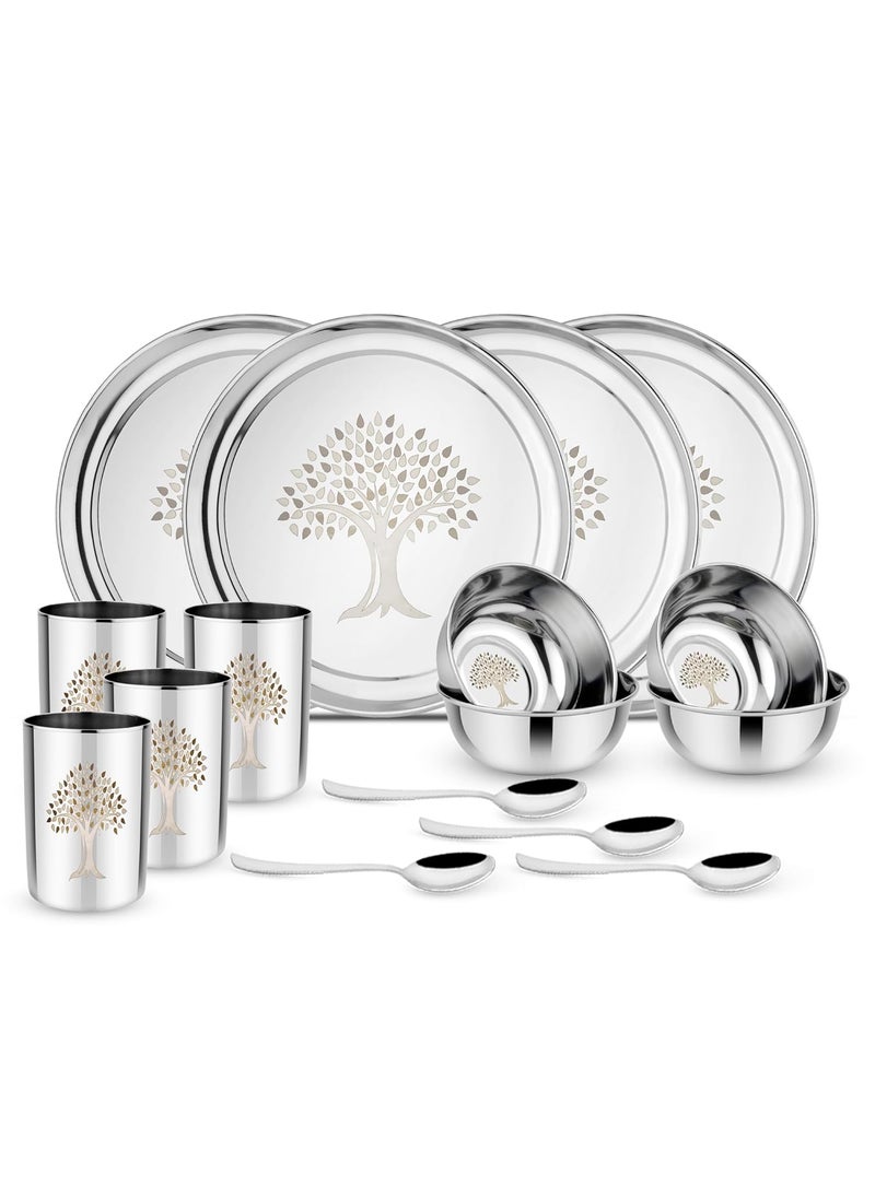 Kitchen Clue Stainless Steel Dinner Set of 16 Pieces - Heavy Guage Steel Dinner Set for Kitchen - Highly Durable & Unbreakable - Kitchen Set for Home - Laser Printed Design (Tree)