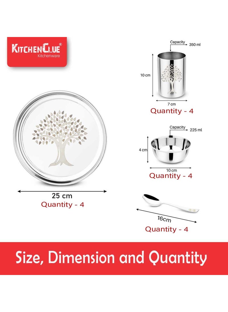 Kitchen Clue Stainless Steel Dinner Set of 16 Pieces - Heavy Guage Steel Dinner Set for Kitchen - Highly Durable & Unbreakable - Kitchen Set for Home - Laser Printed Design (Tree)