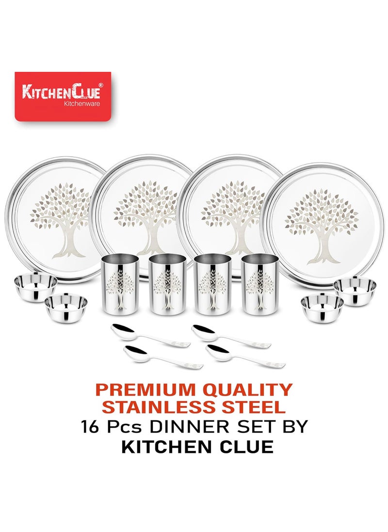 Kitchen Clue Stainless Steel Dinner Set of 16 Pieces - Heavy Guage Steel Dinner Set for Kitchen - Highly Durable & Unbreakable - Kitchen Set for Home - Laser Printed Design (Tree)