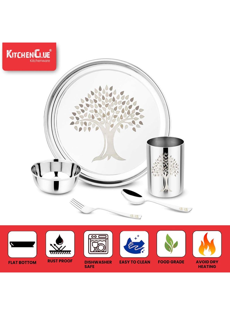 Kitchen Clue Stainless Steel Dinner Set of 16 Pieces - Heavy Guage Steel Dinner Set for Kitchen - Highly Durable & Unbreakable - Kitchen Set for Home - Laser Printed Design (Tree)