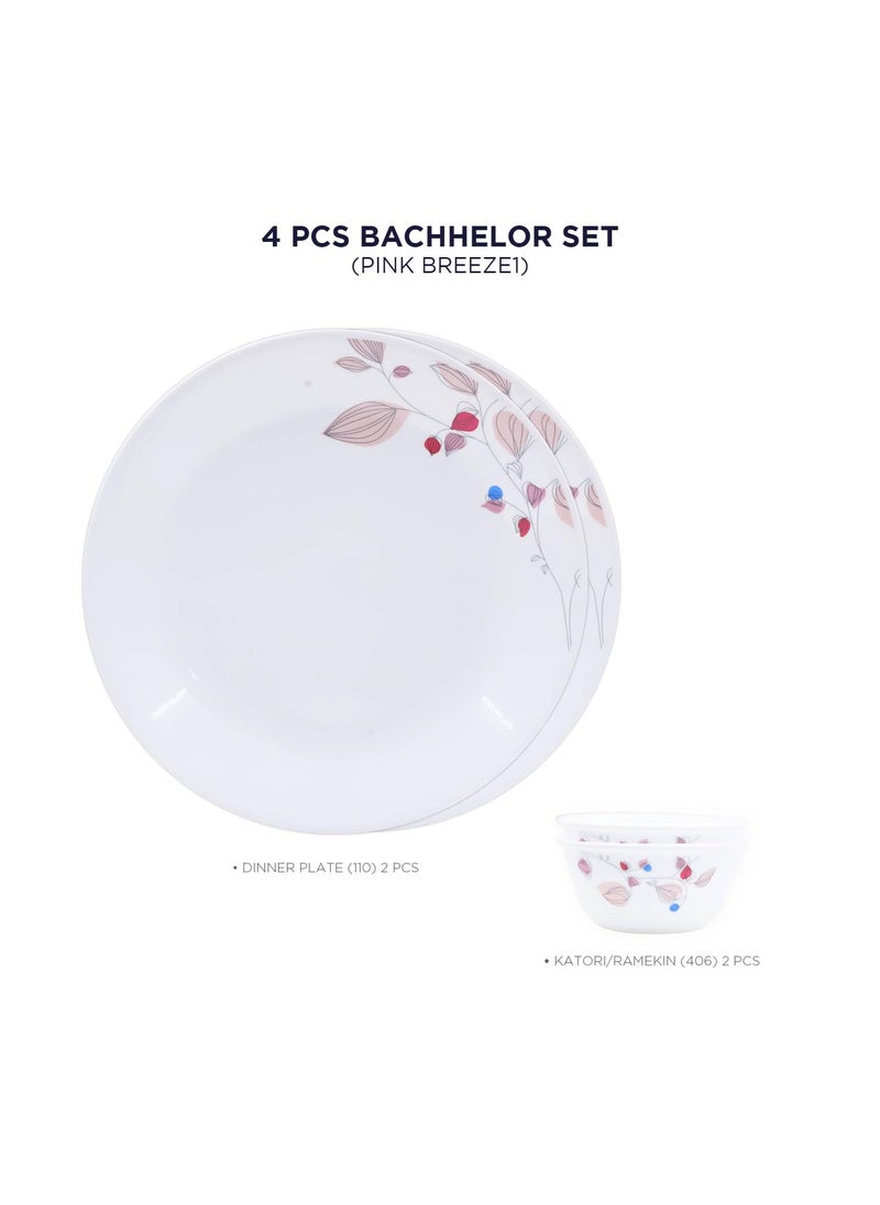 Corelle Pink Breeze1-4 Pcs Bachelor Set (K) | for Family of 2| Break & Chip Resistant | Lightweight & Durable | Microwave & Dishwasher Safe