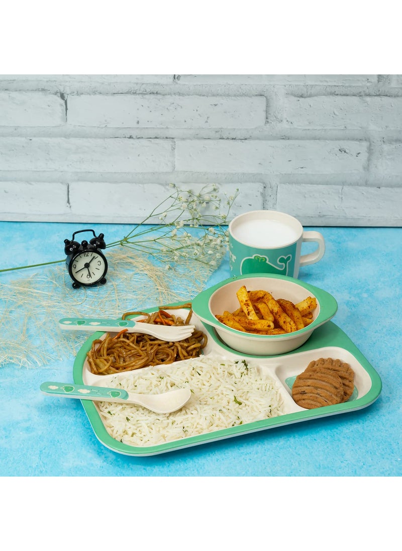 EZ Life 5 Piece Kids Meal Set - Aqua Life - Eco Friendly Bamboo Fibre - Plate - Bowl - Spoon - Fork and Cup - Aqua Green Crockery Dinner Set, Dinnerware, Home Kitchen, Kids Dinner Plate, Serveware