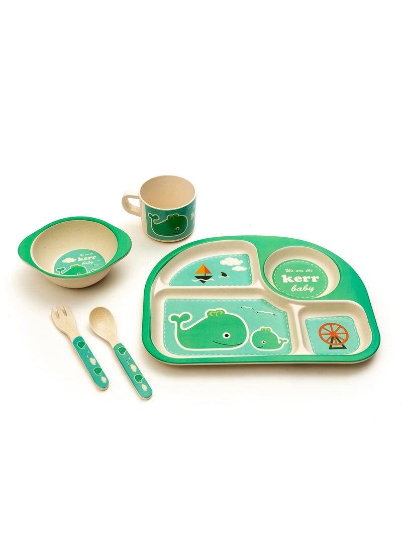 EZ Life 5 Piece Kids Meal Set - Aqua Life - Eco Friendly Bamboo Fibre - Plate - Bowl - Spoon - Fork and Cup - Aqua Green Crockery Dinner Set, Dinnerware, Home Kitchen, Kids Dinner Plate, Serveware