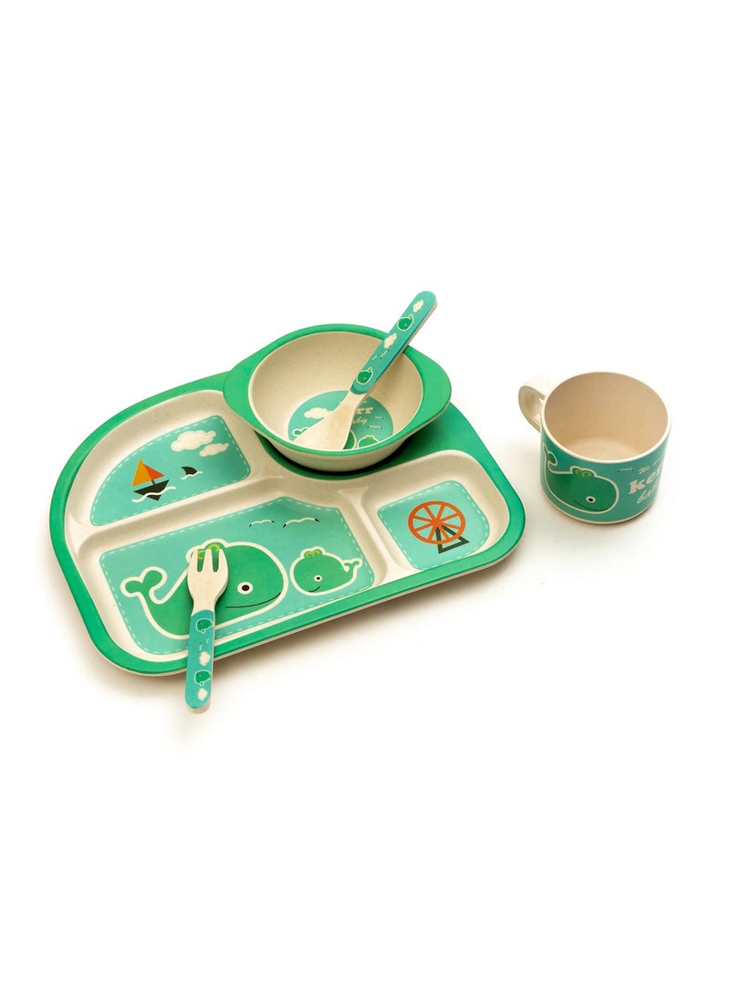 EZ Life 5 Piece Kids Meal Set - Aqua Life - Eco Friendly Bamboo Fibre - Plate - Bowl - Spoon - Fork and Cup - Aqua Green Crockery Dinner Set, Dinnerware, Home Kitchen, Kids Dinner Plate, Serveware