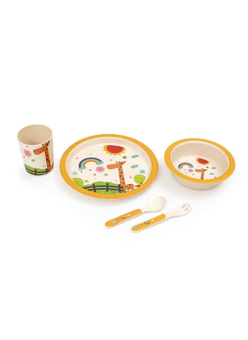 EZ Life 5 Piece Kids Meal Set - Peeping Giraffe-EcoFriendly Bamboo Fibre -Plate-Bowl-Spoon-Fork and Cup-Multicolour Crockery Dinner Set, Dinnerware, Home Kitchen, Kids Dinner Plate, Serveware