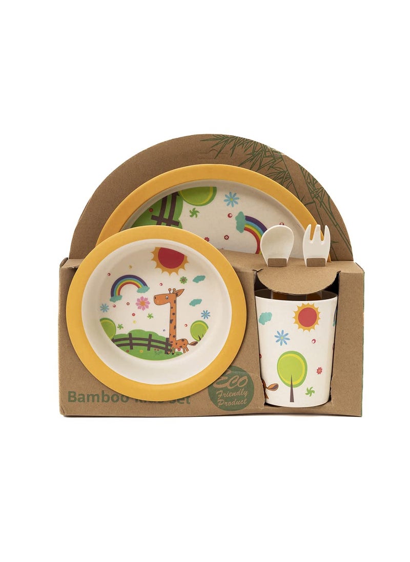 EZ Life 5 Piece Kids Meal Set - Peeping Giraffe-EcoFriendly Bamboo Fibre -Plate-Bowl-Spoon-Fork and Cup-Multicolour Crockery Dinner Set, Dinnerware, Home Kitchen, Kids Dinner Plate, Serveware
