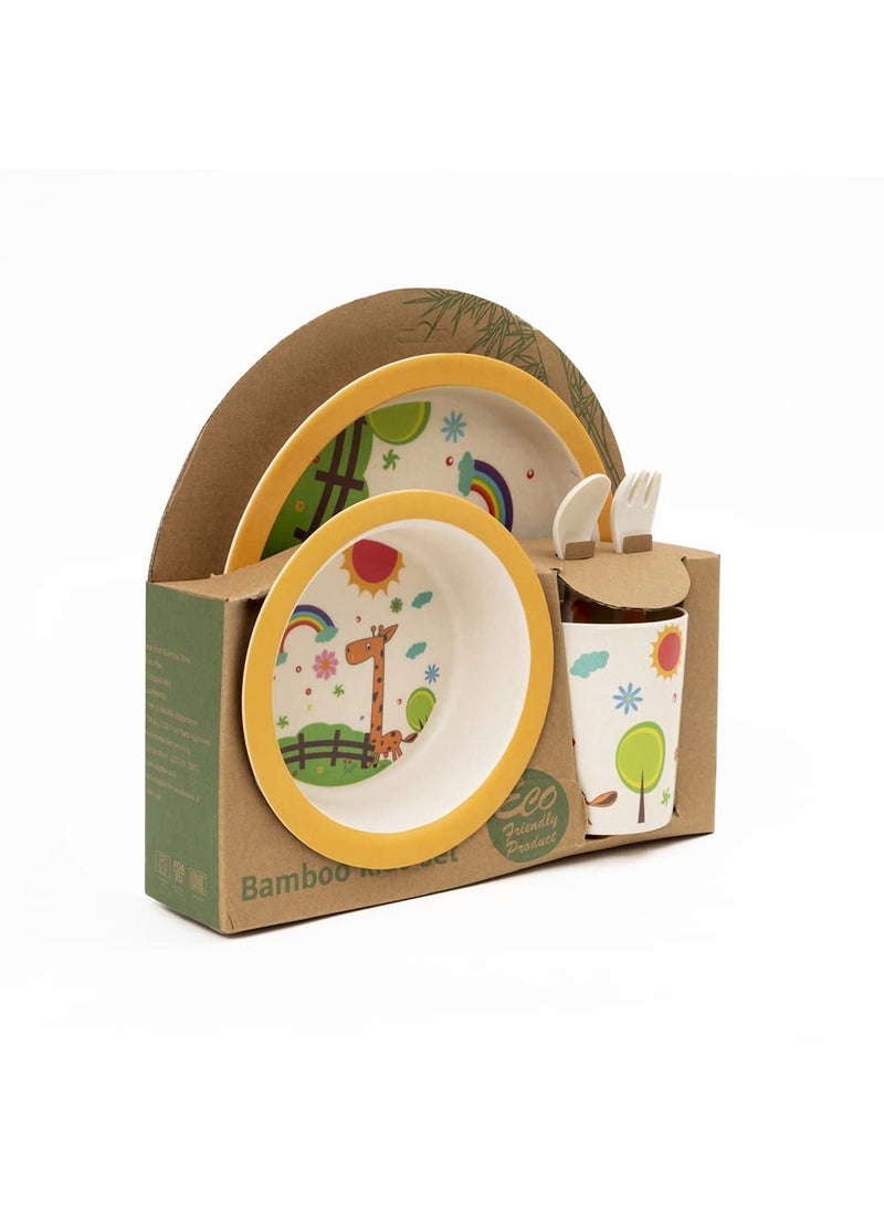 EZ Life 5 Piece Kids Meal Set - Peeping Giraffe-EcoFriendly Bamboo Fibre -Plate-Bowl-Spoon-Fork and Cup-Multicolour Crockery Dinner Set, Dinnerware, Home Kitchen, Kids Dinner Plate, Serveware