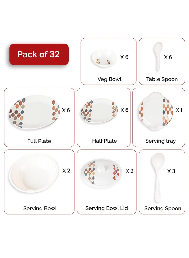 Homestic 32 Pieces Round Melamine Microwave & Dishwasher Safe Dinnerware Kitchen Crockery Set | Glossy Dinner Sets & Kitchen Set for Home | Stylon Leaf Dots - White