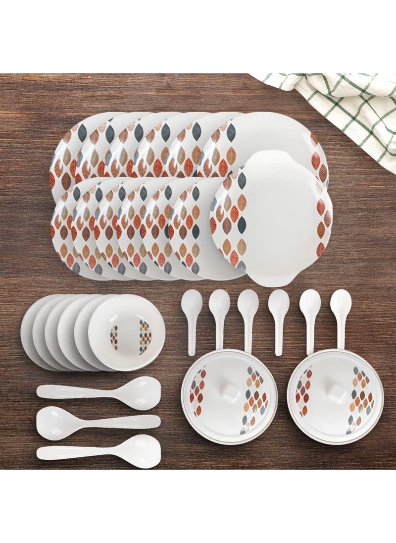 Homestic 32 Pieces Round Melamine Microwave & Dishwasher Safe Dinnerware Kitchen Crockery Set | Glossy Dinner Sets & Kitchen Set for Home | Stylon Leaf Dots - White