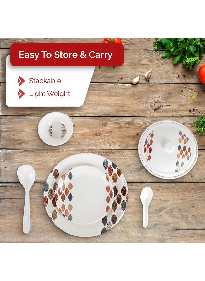 Homestic 32 Pieces Round Melamine Microwave & Dishwasher Safe Dinnerware Kitchen Crockery Set | Glossy Dinner Sets & Kitchen Set for Home | Stylon Leaf Dots - White