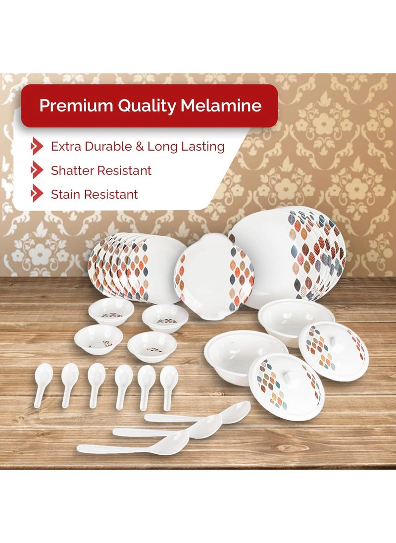 Homestic 32 Pieces Round Melamine Microwave & Dishwasher Safe Dinnerware Kitchen Crockery Set | Glossy Dinner Sets & Kitchen Set for Home | Stylon Leaf Dots - White